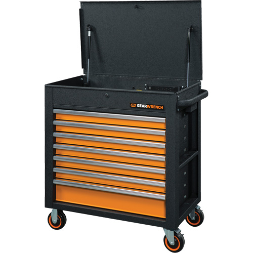 Chariot &agrave; outils s&eacute;rie GSX avec dessus inclin&eacute;, 7 tiroirs, 35" lo x 20" la x 39" h, Noir/Orange Nassau Supply