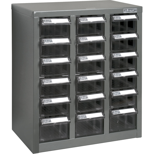 Casiers pour pi&egrave;ces KPC-600, Acier galvanis&eacute;, 18 tiroirs, 13-9/10" x 8-7/10" x 16-3/10", Gris Nassau Supply