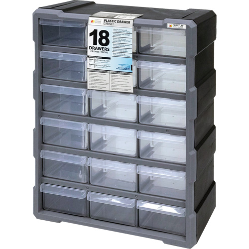 Drawer Cabinet, Plastic, 18 Drawers, 15" x 6-1/4" x 18-3/4", Black Nassau Supply