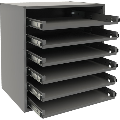 Small Bearing Slide Rack, Steel, 6 Slots, 15-9/16" W x 11-7/8" D x 16-3/8" H, Grey Nassau Supply