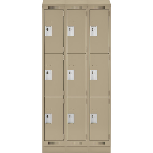 Clean Line Lockers, 3 -tier, Bank of 3, 36" x 18" x 82", Steel, Beige, Rivet (Assembled) Nassau Supply