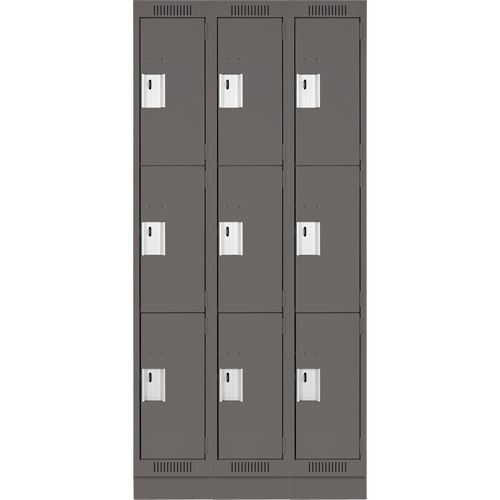 Clean Line Lockers, 3 -tier, Bank of 3, 36" x 18" x 76", Steel, Charcoal, Rivet (Assembled) Nassau Supply