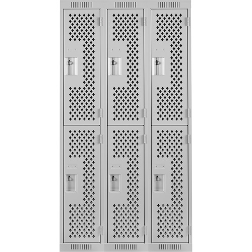 Clean Line Lockers, 2 -tier, Bank of 3, 36" x 12" x 72", Steel, Grey, Rivet (Assembled), Perforated Nassau Supply