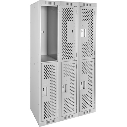 Clean Line Lockers, 2 -tier, Bank of 3, 36" x 12" x 72", Steel, Grey, Rivet (Assembled), Perforated Nassau Supply