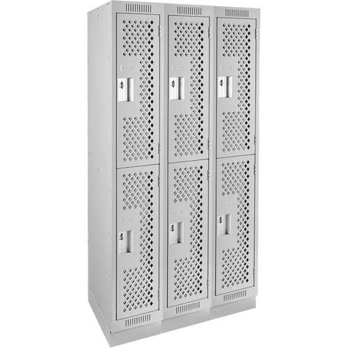 Clean Line Lockers, 2 -tier, Bank of 3, 36" x 15" x 76", Steel, Grey, Rivet (Assembled), Perforated Nassau Supply