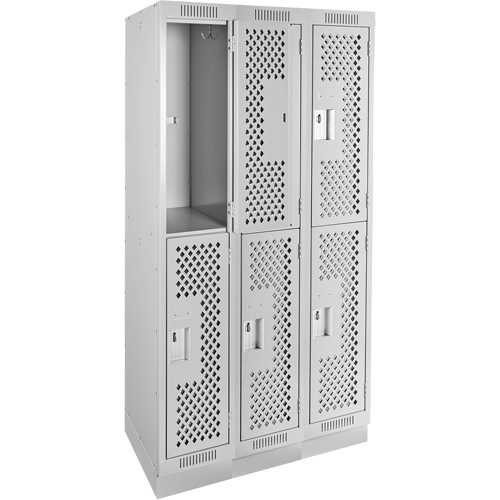 Clean Line Lockers, 2 -tier, Bank of 3, 36" x 15" x 76", Steel, Grey, Rivet (Assembled), Perforated Nassau Supply