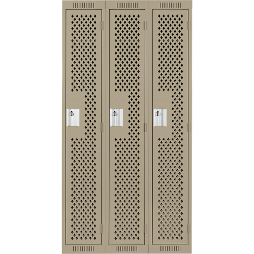 Clean Line Lockers, Bank of 3, 36" x 15" x 72", Steel, Beige, Rivet (Assembled), Perforated Nassau Supply