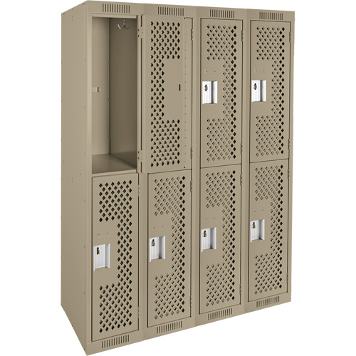 Clean Line Lockers, 2 -tier, Bank of 4, 48" x 12" x 72", Steel, Beige, Rivet (Assembled), Perforated Nassau Supply