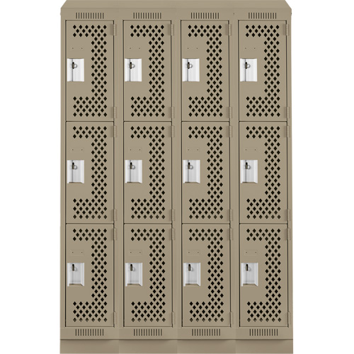 Clean Line Lockers, 3 -tier, Bank of 4, 48" x 15" x 82", Steel, Beige, Rivet (Assembled), Perforated Nassau Supply