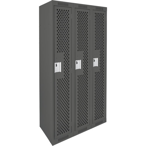 Clean Line Lockers, Bank of 3, 36" x 15" x 72", Steel, Charcoal, Rivet (Assembled), Perforated Nassau Supply