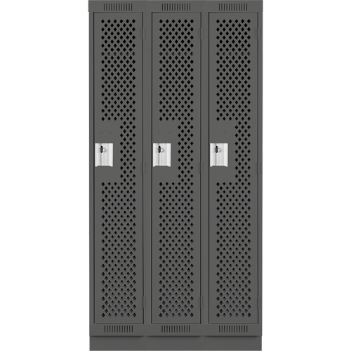 Clean Line Lockers, Bank of 3, 36" x 18" x 76", Steel, Charcoal, Rivet (Assembled), Perforated Nassau Supply
