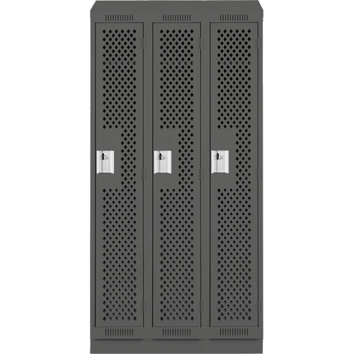 Clean Line Lockers, Bank of 3, 36" x 12" x 82", Steel, Charcoal, Rivet (Assembled), Perforated Nassau Supply