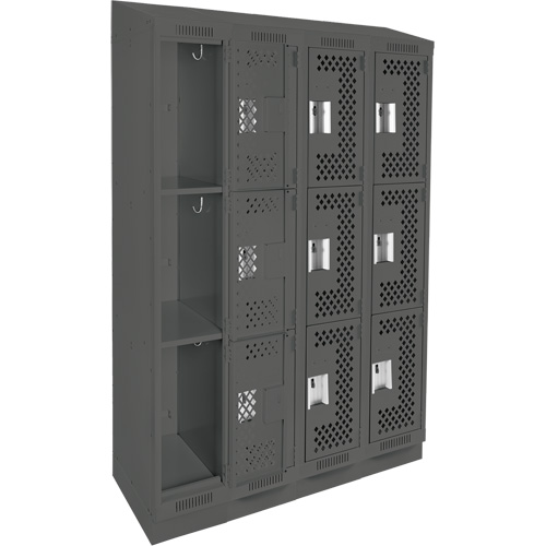 Clean Line Lockers, 3 -tier, Bank of 4, 48" x 15" x 82", Steel, Charcoal, Rivet (Assembled), Perforated Nassau Supply