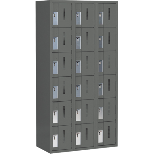 Concorde Heavy-Duty Lockers, 6 -tier, Bank of 3, 36" x 18" x 72", Steel, Charcoal, Welded (Assembled) Nassau Supply