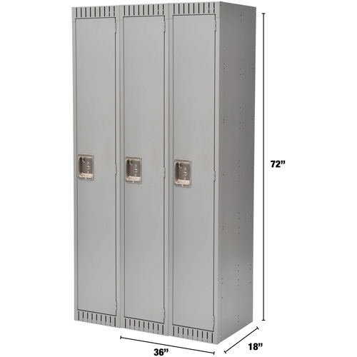 Lockers, Bank of 3, 36" x 18" x 72", Steel, Grey, Knocked Down Nassau Supply