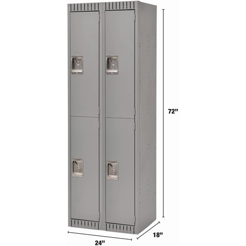Lockers, 2 -tier, Bank of 2, 24" x 18" x 72", Steel, Grey, Knocked Down Nassau Supply
