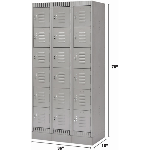 Lockers, 6 -tier, Bank of 3, 36" x 18" x 76", Steel, Grey, Knocked Down Nassau Supply