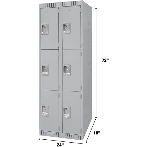 Lockers, 3 -tier, Bank of 2, 24" x 18" x 72", Steel, Grey, Knocked Down Nassau Supply