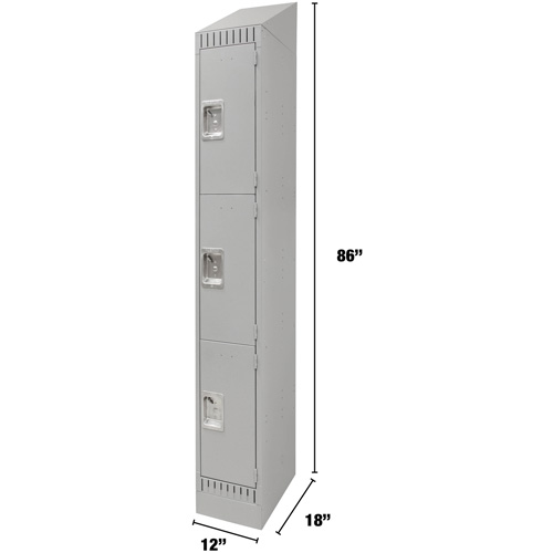 Lockers, 3 -tier, 12" x 18" x 86", Steel, Grey, Knocked Down Nassau Supply