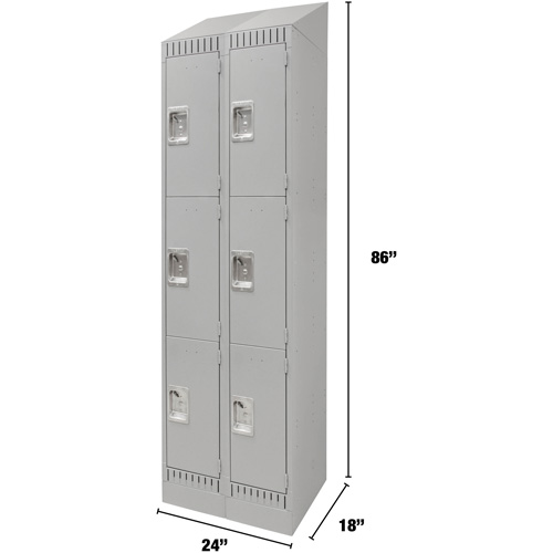 Lockers, 3 -tier, Bank of 2, 24" x 18" x 86", Steel, Grey, Knocked Down Nassau Supply