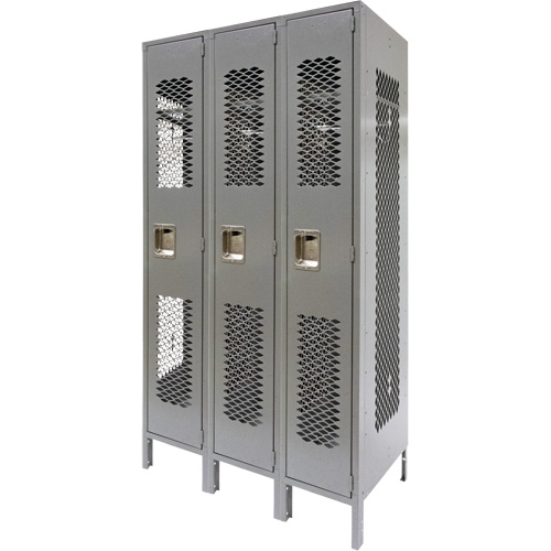 Vented Lockers, Bank of 3, 36" x 18" x 78", Steel, Grey, Knocked Down, Perforated Nassau Supply