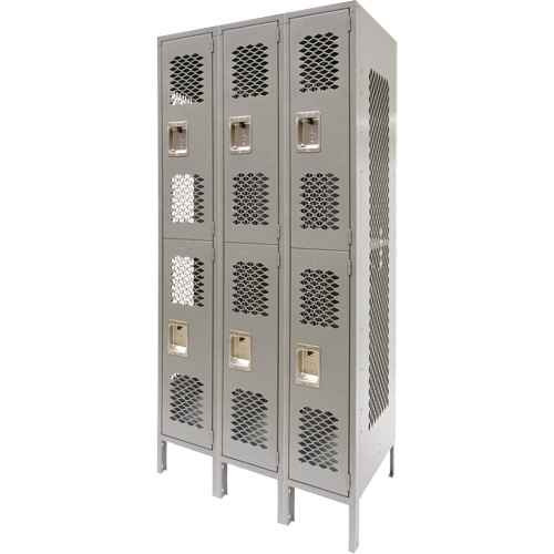 Casiers ventil&eacute;s, 2 niveaux, Bloc de 3, 36" x 18" x 78", Acier, Gris, D&eacute;mont&eacute;, Perfor&eacute; Nassau Supply