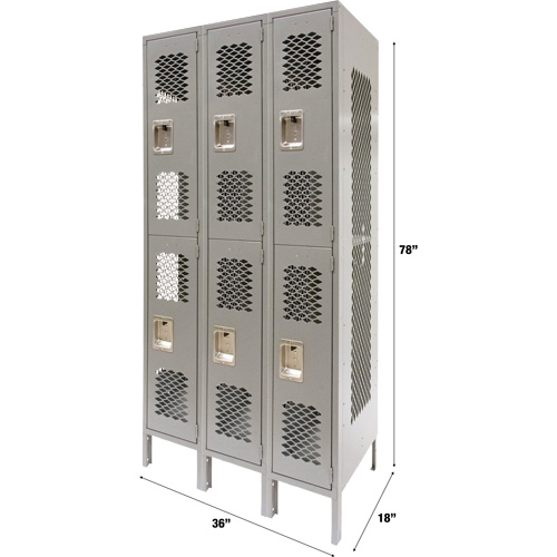 Casiers ventil&eacute;s, 2 niveaux, Bloc de 3, 36" x 18" x 78", Acier, Gris, D&eacute;mont&eacute;, Perfor&eacute; Nassau Supply