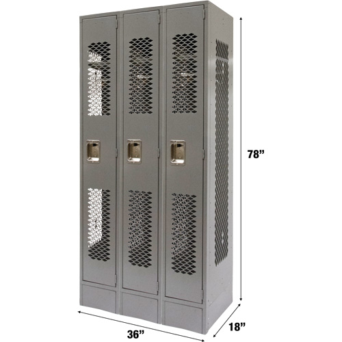 Vented Lockers, Bank of 3, 36" x 18" x 78", Steel, Grey, Knocked Down, Perforated Nassau Supply