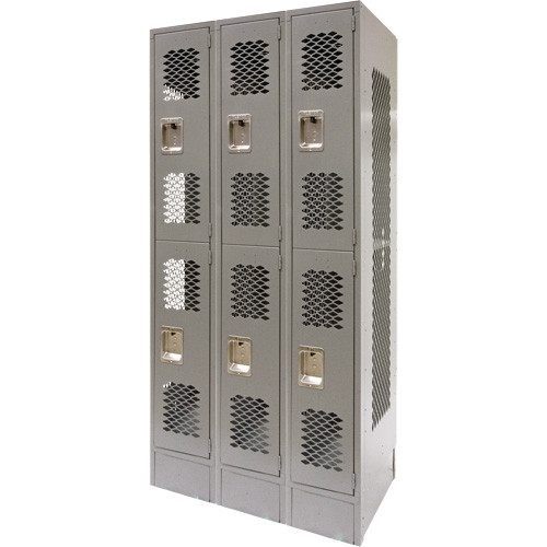 Vented Lockers, 2 -tier, Bank of 3, 36" x 18" x 78", Steel, Grey, Knocked Down, Perforated Nassau Supply