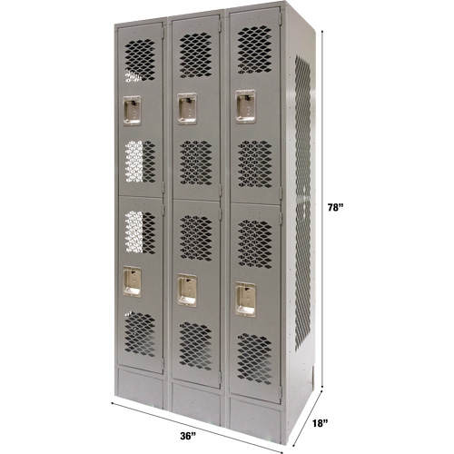 Vented Lockers, 2 -tier, Bank of 3, 36" x 18" x 78", Steel, Grey, Knocked Down, Perforated Nassau Supply