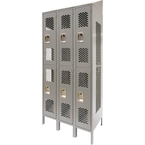 Casiers ventil&eacute;s, 2 niveaux, Bloc de 3, 36" x 18" x 88", Acier, Gris, D&eacute;mont&eacute;, Perfor&eacute; Nassau Supply