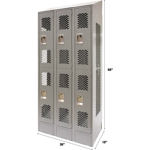 Casiers ventil&eacute;s, 2 niveaux, Bloc de 3, 36" x 18" x 88", Acier, Gris, D&eacute;mont&eacute;, Perfor&eacute; Nassau Supply