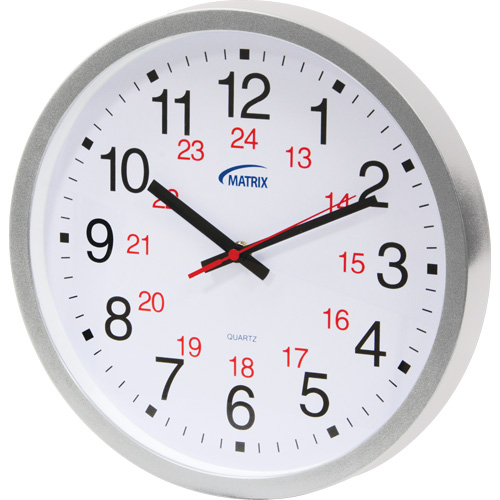 12/24 H Clock, Analog, Battery Operated, 12", Silver Nassau Supply