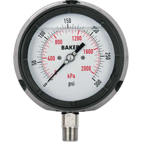 Pressure Gauge, 4-1/2" , 0 - 15 psi/0 - 100 kPa, Bottom Mount, Liquid Filled Analogue Nassau Supply