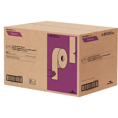 Pro Select&reg; Toilet Paper, Jumbo Roll, 2 Ply, 900' Length, White Nassau Supply
