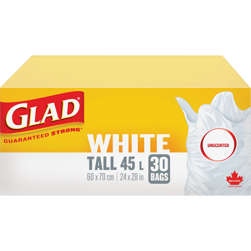 Tall 45L Unscented Garbage Bags, Regular, 24" W x 28" L, White Nassau Supply
