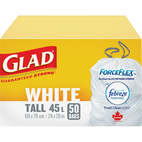 Sacs &agrave; ordures hauts 45 L avec Febreze, R&eacute;gulier, 24" la x 28" lo, Blanc Nassau Supply
