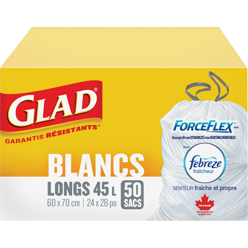 Sacs &agrave; ordures hauts 45 L avec Febreze, R&eacute;gulier, 24" la x 28" lo, Blanc Nassau Supply