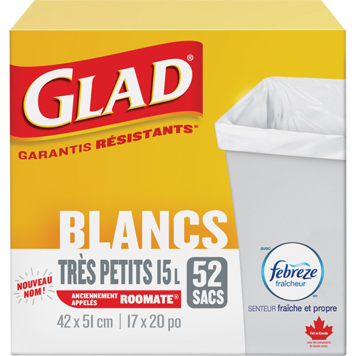 Tr&egrave;s petits sacs &agrave; ordures 15 L avec Febreze, R&eacute;gulier, 17" la x 20" lo, Blanc Nassau Supply
