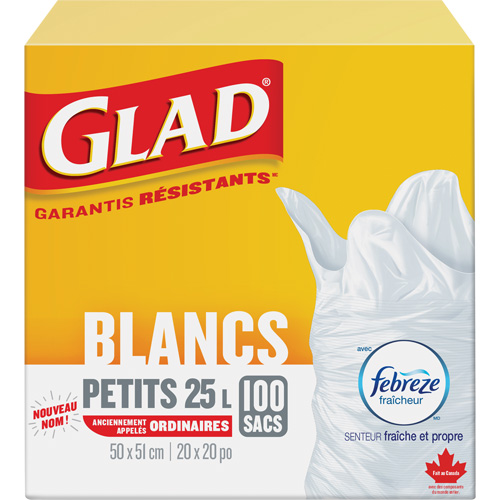 Petits sacs &agrave; ordures 25 L avec Febreze, R&eacute;gulier, 20" la x 20" lo, Blanc Nassau Supply