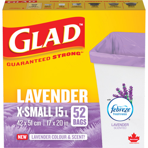 Sacs parfum&eacute;s et de couleur lavande de Glad, Fort, 17" la x 20" lo, Mauve, Capacit&eacute; 15 L (3,96 gal) Nassau Supply