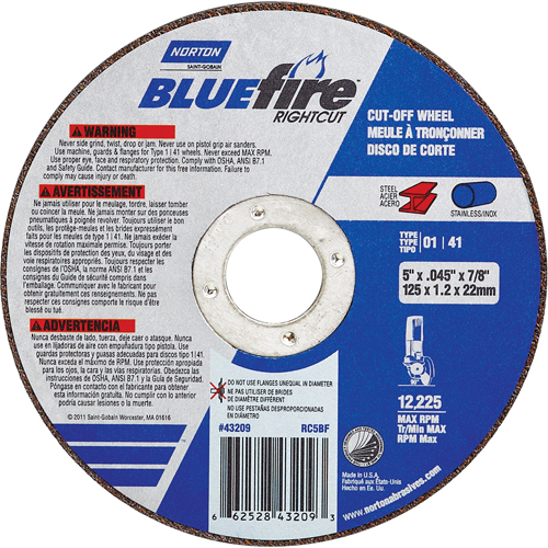 BlueFire&reg; Cut-off Wheel, 4-1/2" x 0.045"/1/16", 7/8" Arbor, Type 01/41, Aluminum Oxide/Zirconium, 13580 RPM Nassau Supply