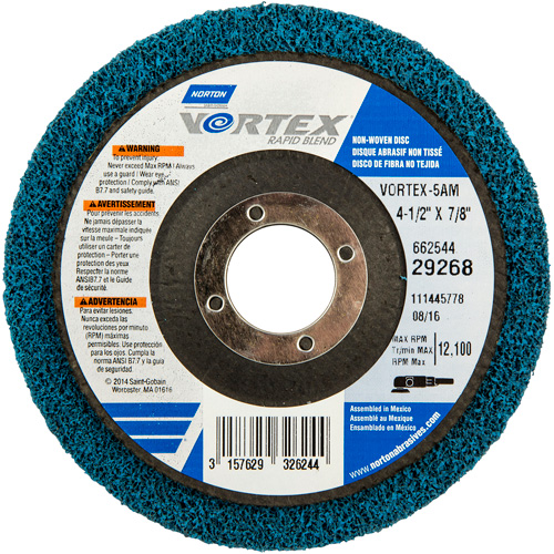 Vortex Non-Woven Disc, 4-1/2" Dia. x 1/2" W, 7/8" Arbor, Aluminum Oxide Nassau Supply