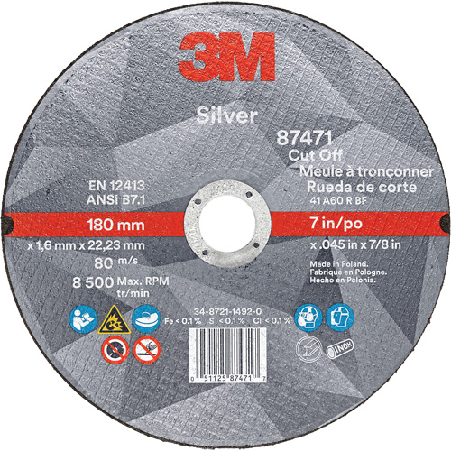 Silver Cut-Off Wheel, 7" x 0.045", 7/8" Arbor, Type 1, Ceramic, 8500 RPM Nassau Supply