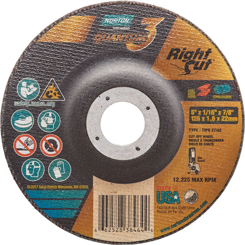 Meule &agrave; tronçonner Quantum3 RightCut, 5" x 1/16", Arbre de 7/8", Type 27/42, C&eacute;ramique d'alumine, 12225 Tr/min Nassau Supply