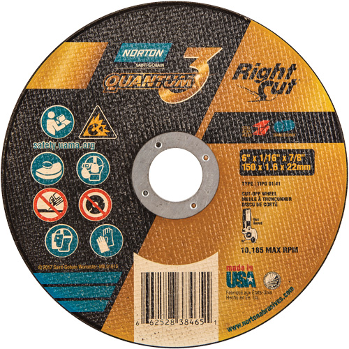 Quantum3 RightCut Cut-Off Wheel, 6" x 1/16", 7/8" Arbor, Type 01/41, Aluminum Oxide, 10185 RPM Nassau Supply