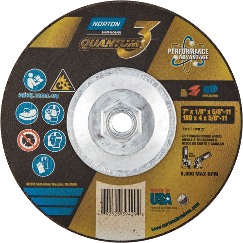 Disque de rectification et de tronçonnage Quantum3, 7" x 1/8", Arbre de 5/8"-11, Type 27, Grain de 24, C&eacute;ramique d'alumine Nassau Supply
