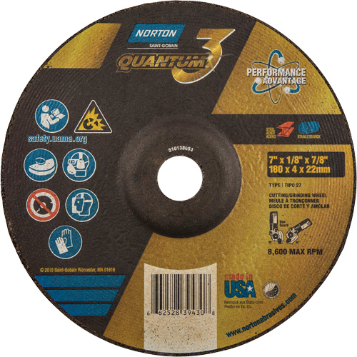 Quantum3 Grinding & Cutting Wheel, 7" x 1/8", 7/8" Arbor, Type 27, 24 Grit, Ceramic Alumina Nassau Supply
