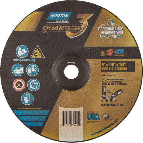 Quantum3 Grinding & Cutting Wheel, 9" x 1/8", 7/8" Arbor, Type 27, 24 Grit, Ceramic Alumina Nassau Supply