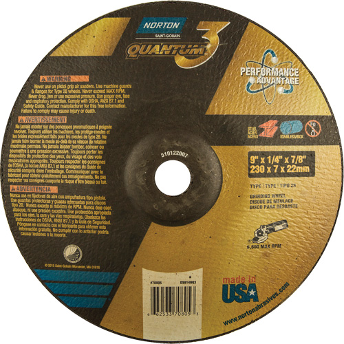 Quantum 3 SG Depressed Center Grinding Wheel, 9" x 1/4", 7/8" Arbor, Type 28, Ceramic, 6600 RPM Nassau Supply